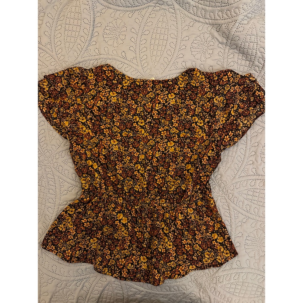 Meraki Women Brown Mustard Floral Peplum Blouse V-Neck Flutter Sleeve Top Large